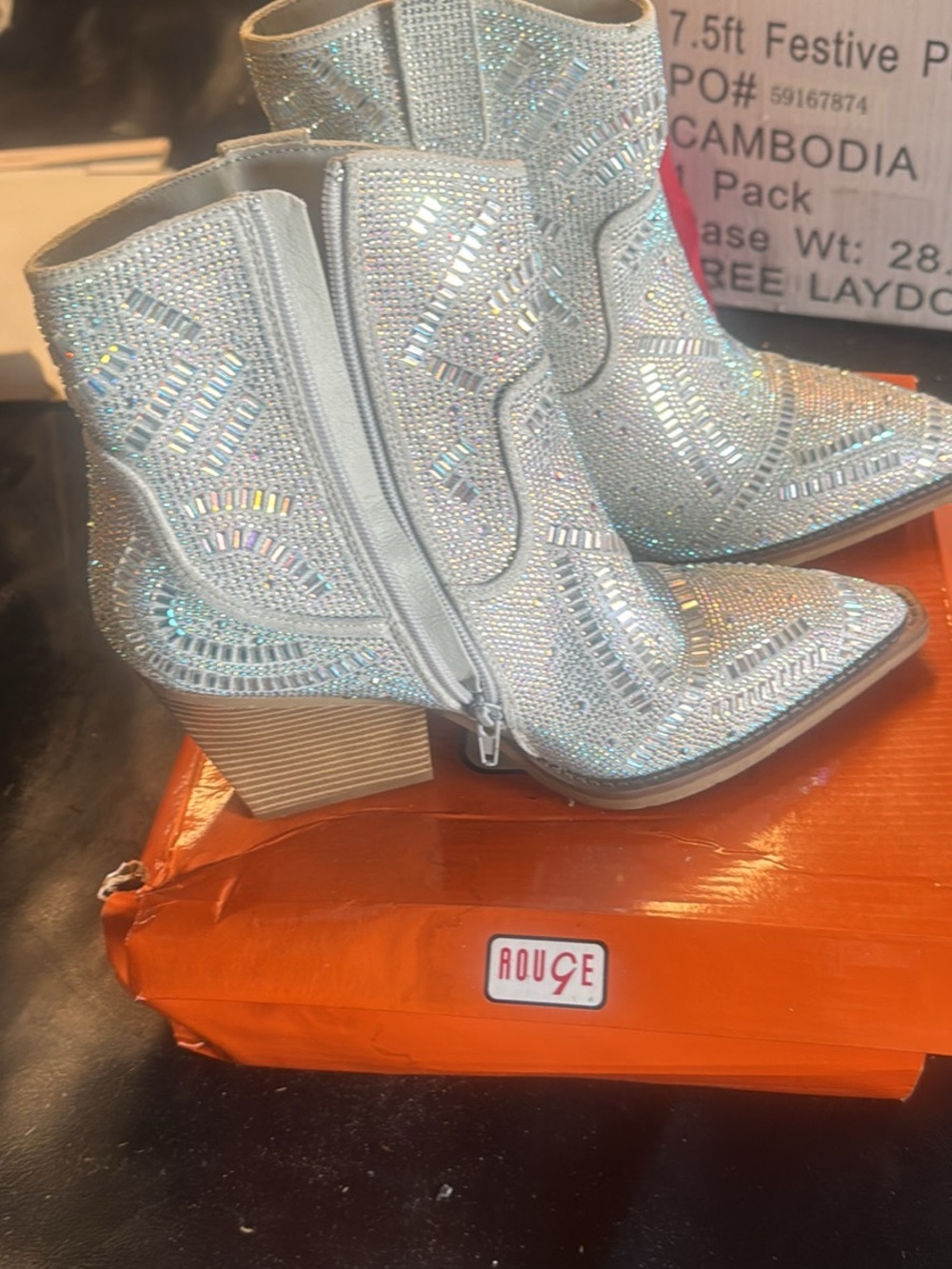 Rouge Helium Silver Crystal Western Ankle Boots